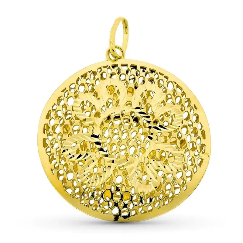 Colgante oro 18k mujer 38 mm. círculo calado forma flor centro