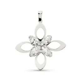 Colgante oro blanco 18k mujer 32 mm. flor calada cuatro hojas piedras