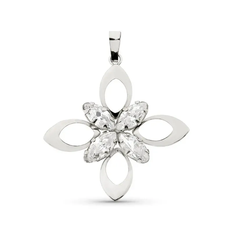 Colgante oro blanco 18k mujer 32 mm. flor calada cuatro hojas piedras
