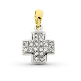Cruz colgante oro bicolor 18k mujer 16 mm. lisa combinada circonitas