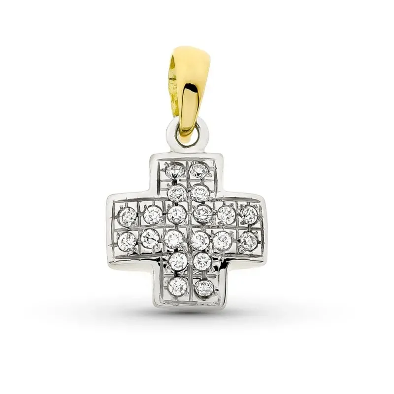 Cruz colgante oro bicolor 18k mujer 16 mm. lisa combinada circonitas
