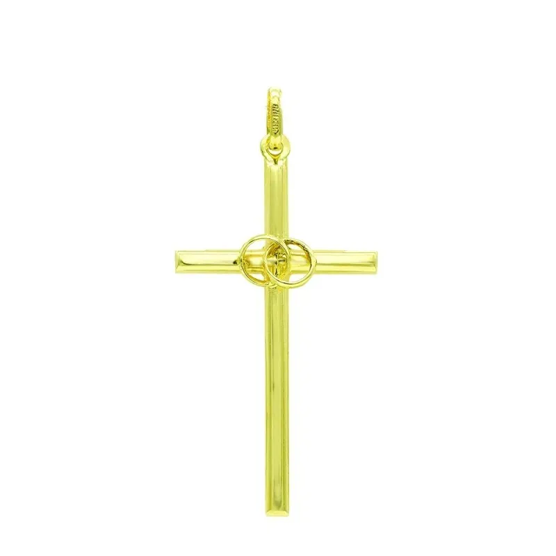 Cruz colgante oro 18k unisex 31 mm. hueca lisa dos alianzas centro