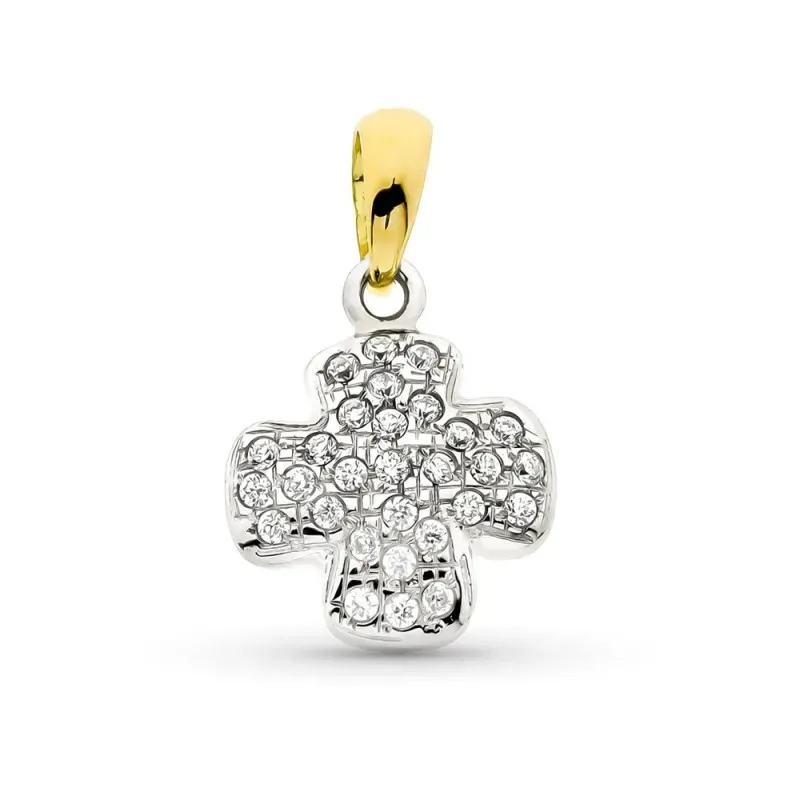 Cruz colgante oro bicolor 18k mujer 16 mm. circonitas combinada lisa