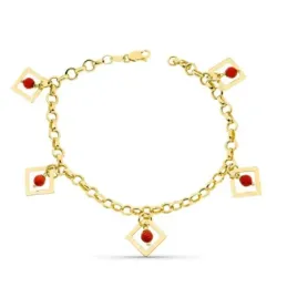 Pulsera oro 18k mujer rolo combinada rombos calados coral mosquetón