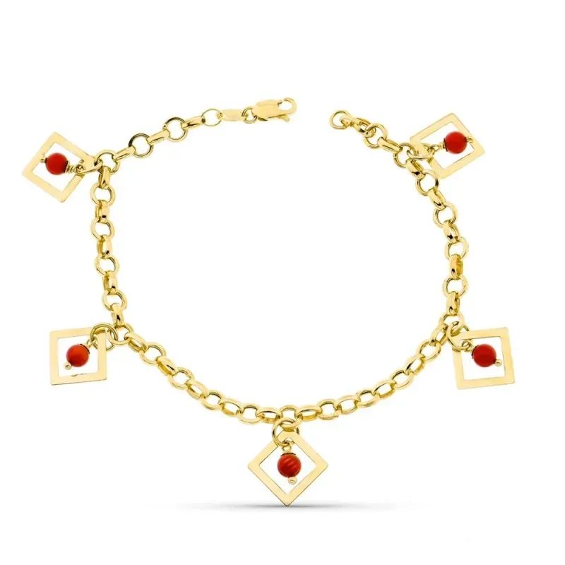 Pulsera oro 18k mujer rolo combinada rombos calados coral mosquetón
