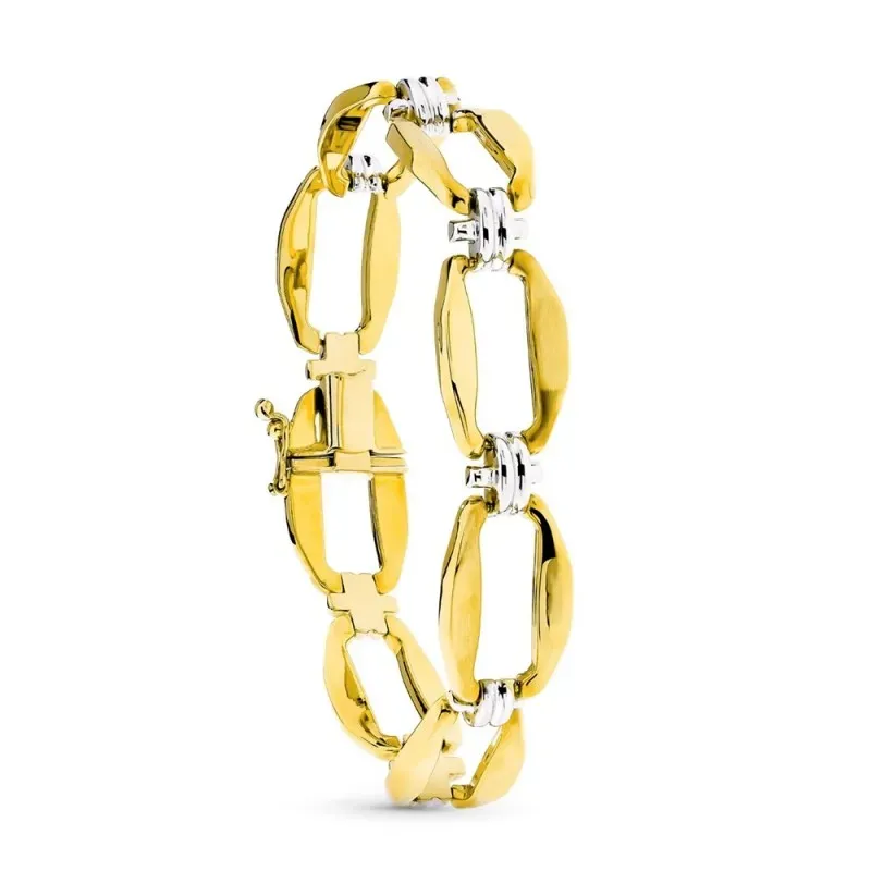 Pulsera oro bicolor 18k mujer eslabones rectangulares calados combina