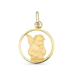 Medalla oro 18k mujer 14 mm. Ángel centro círculo calado