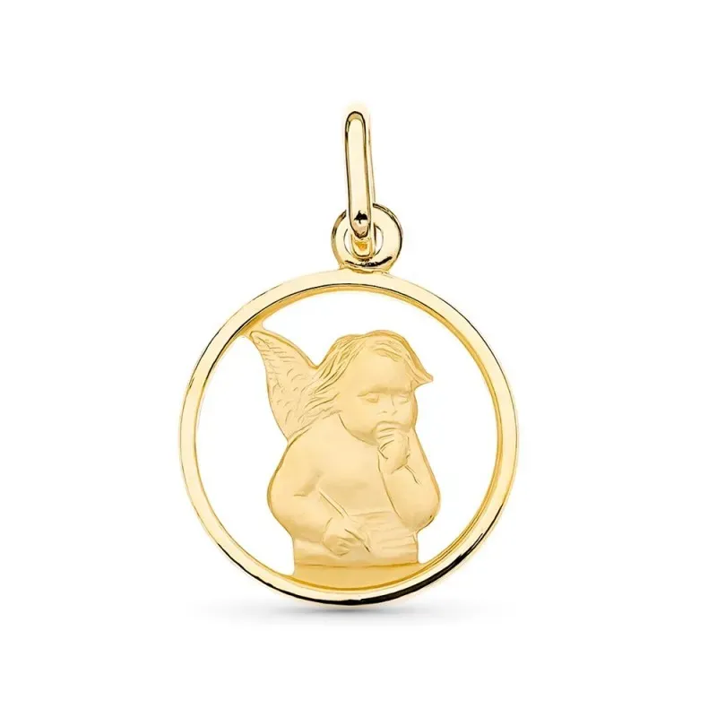 Medalla oro 18k mujer 14 mm. Ángel centro círculo calado