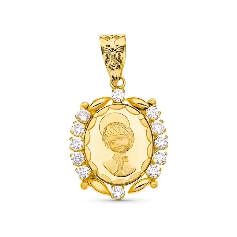 Medalla oro 18k comunión 19 mm. detalle centro combinado circonitas