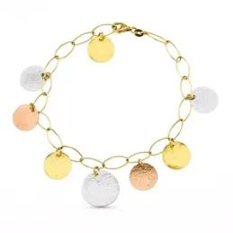 Pulsera oro tricolor 18k mujer eslabones discos colgantes combinados