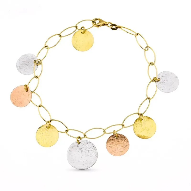 Pulsera oro tricolor 18k mujer eslabones discos colgantes combinados