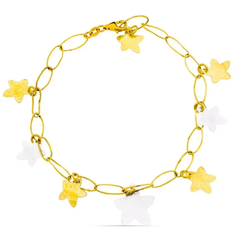 Pulsera oro bicolor 18k mujer eslabones combinados estrellas colgante