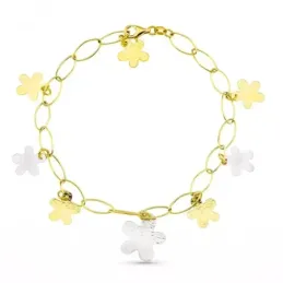 Pulsera oro bicolor 18k mujer flores colgantes combinadas eslabones m