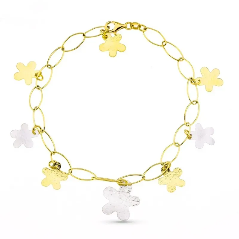Pulsera oro bicolor 18k mujer flores colgantes combinadas eslabones m
