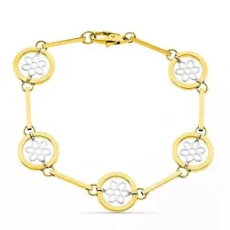 Pulsera oro bicolor 18k mujer 19 cm. barras círculos calados combinad
