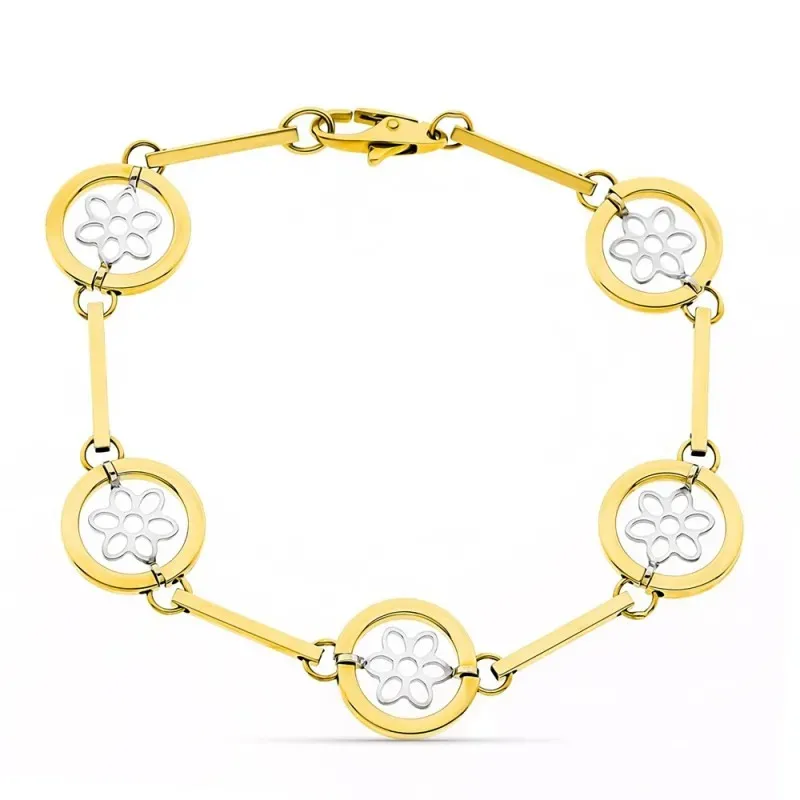 Pulsera oro bicolor 18k mujer 19 cm. barras círculos calados combinad