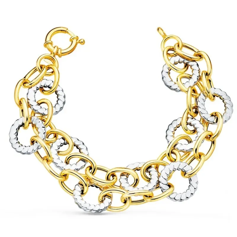 Pulsera oro bicolor 18k mujer 20.5 cm. eslabones combinados detalles