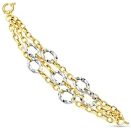 Pulsera oro bicolor 18k mujer 20 cm. triple cadena hueca detalles cír