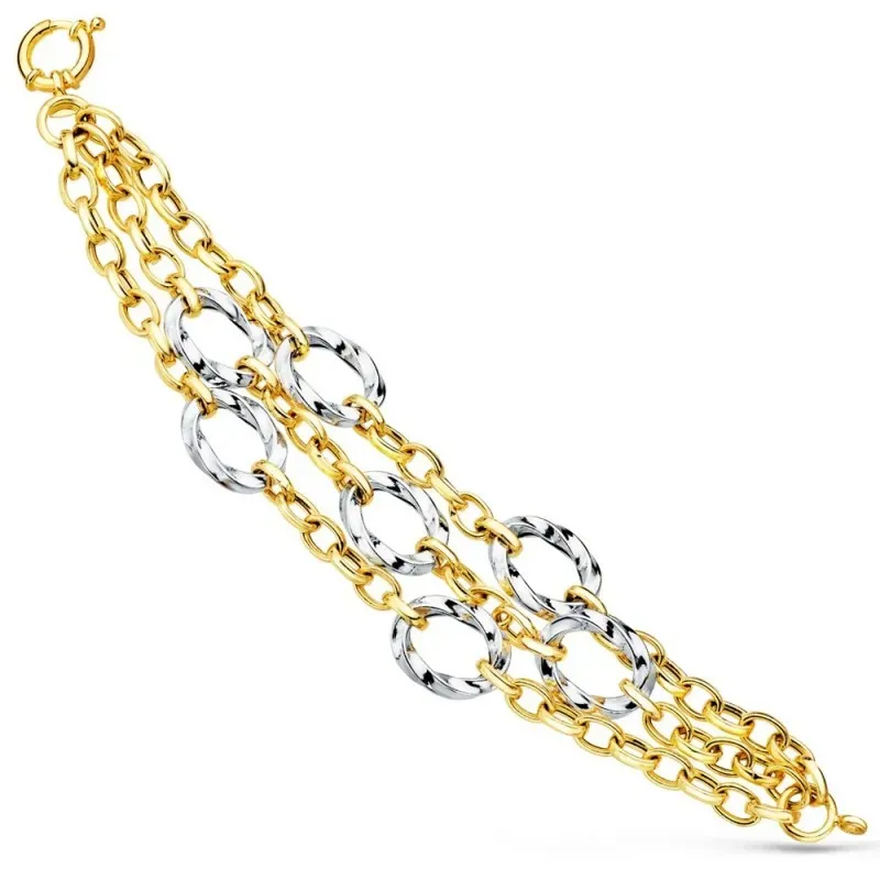 Pulsera oro bicolor 18k mujer 20 cm. triple cadena hueca detalles cír