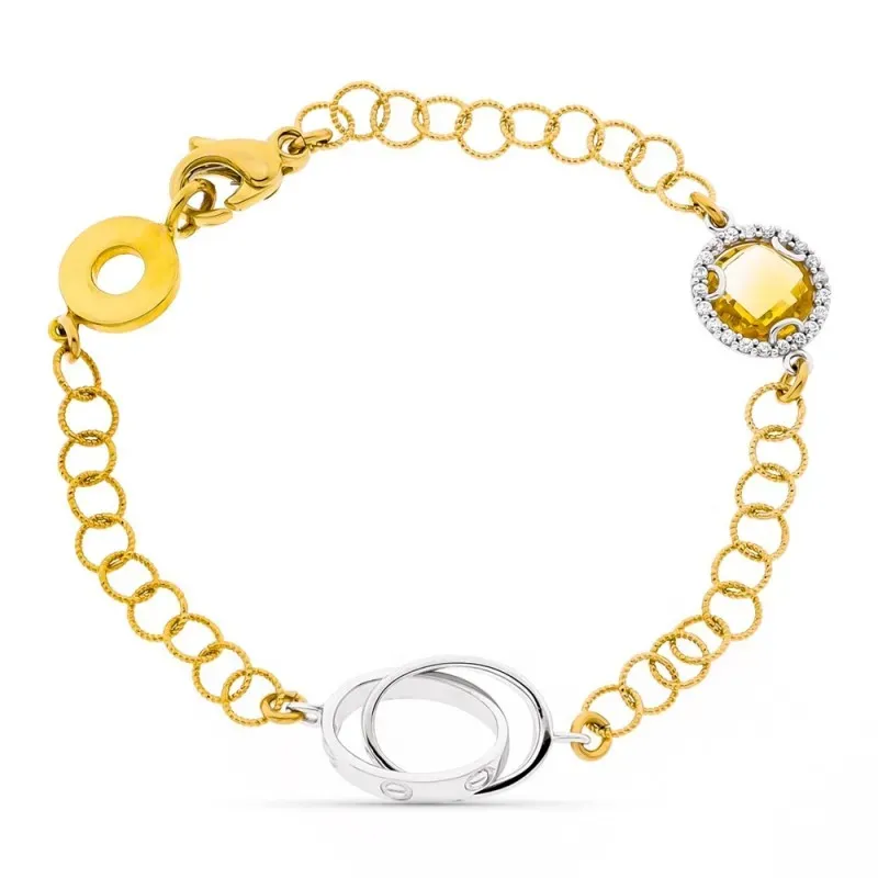 Pulsera oro bicolor 18k mujer 19 cm. eslabones piedra color circonita