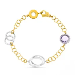 Pulsera oro bicolor 18k mujer piedra amatista combinada círculos cala