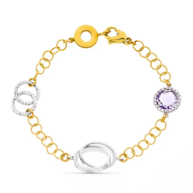 Pulsera oro bicolor 18k mujer piedra amatista combinada círculos cala
