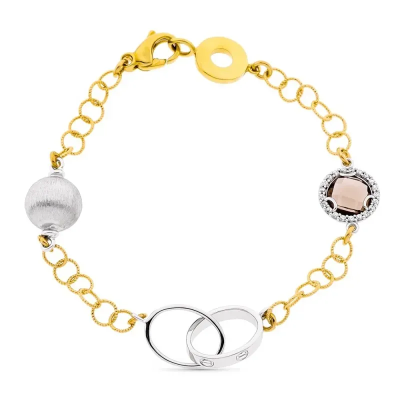 Pulsera oro bicolor 18k mujer 19 cm. piedra fumé combinada detalles m
