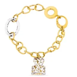 Pulsera oro bicolor 18k mujer eslabones variados combinados oso colga