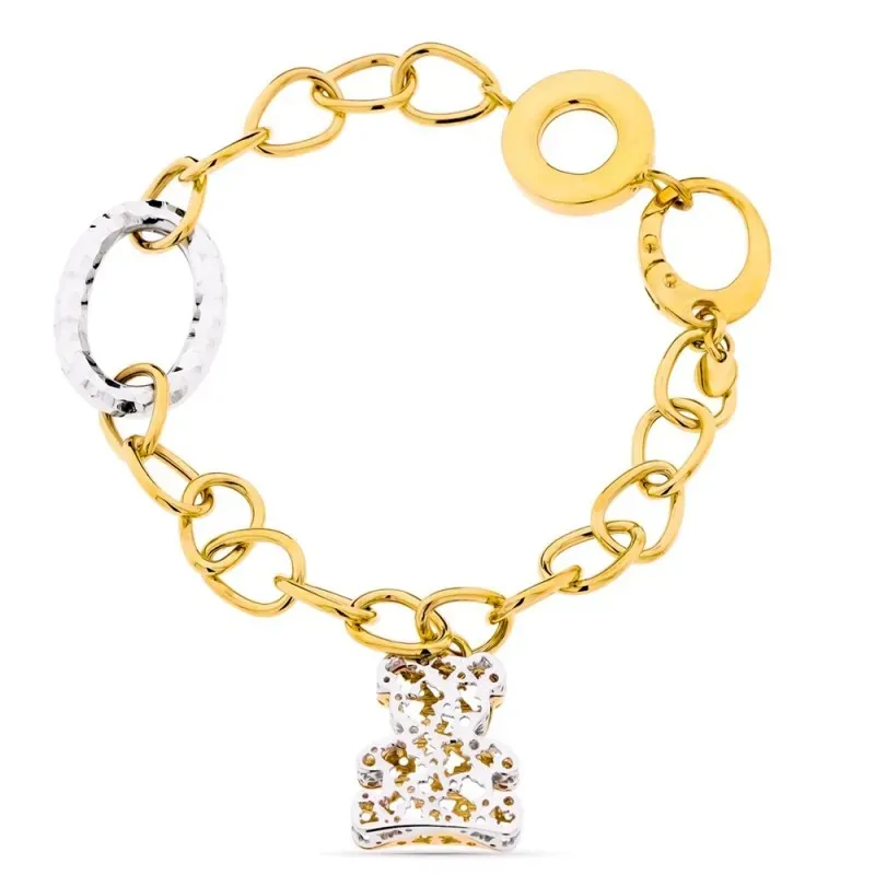 Pulsera oro bicolor 18k mujer eslabones variados combinados oso colga