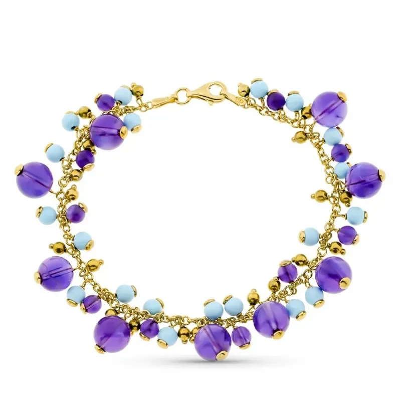 Pulsera oro 18k mujer entrepiezas piedras combinadas turquesas amatis