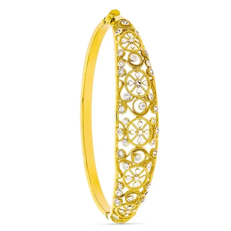 Brazalete pulsera oro bicolor 18k mujer rígida filigrana combinada ci