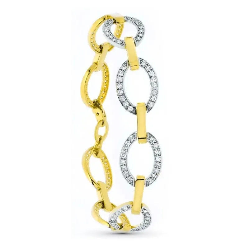 Pulsera oro bicolor 18k mujer barras combinadas círculos calados circ