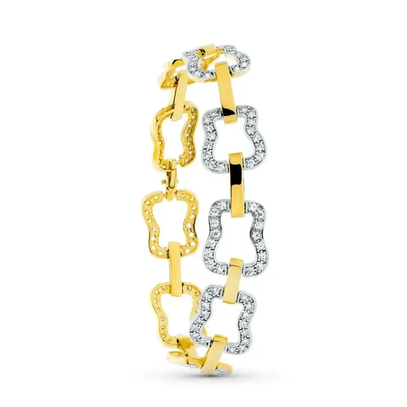 Pulsera oro bicolor 18k mujer eslabones formas variada circonitas com