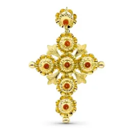 Cruz colgante oro 18k mantilla 71 mm. arquillos piedras color rojo