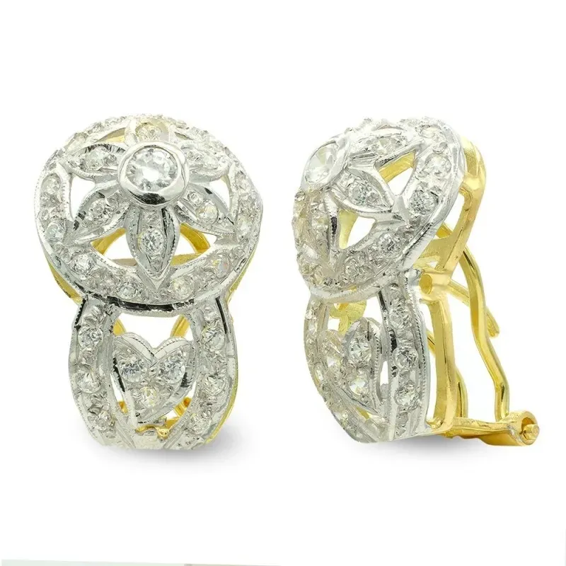 Pendientes oro bicolor 18k mujer circonitas forma flor omega