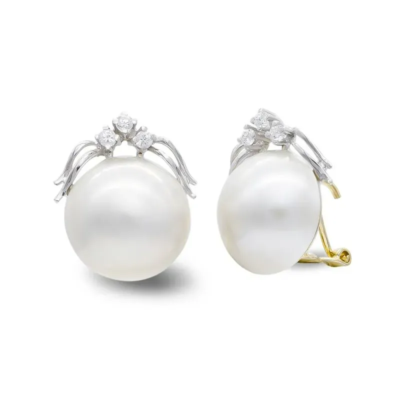 Pendientes oro bicolor 18k mujer perla japonesa 14 mm. combinada tres
