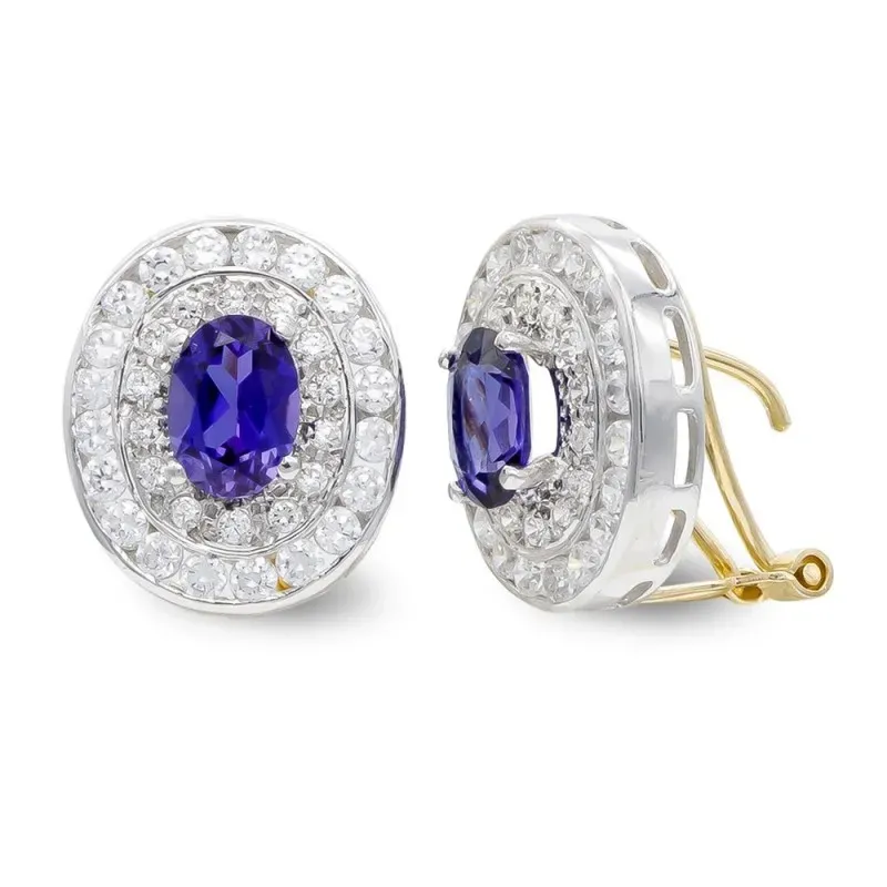 Pendientes oro bicolor 18k mujer redondos amatista ovalada circonitas