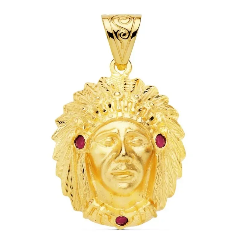 Colgante oro 18k hombre 33 mm. cabeza indio piedras detalles realista