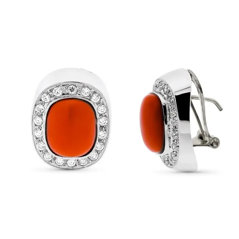 Pendientes oro blanco 18k mujer coral fino centro combinados circonit