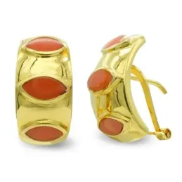 Pendientes oro 18k mujer tres piedras coral fino ovaladas combinadas