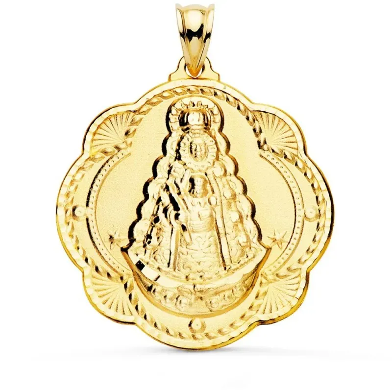 Virgen del Rocío medalla oro 18k unisex 40 mm. Colgante forma pandere