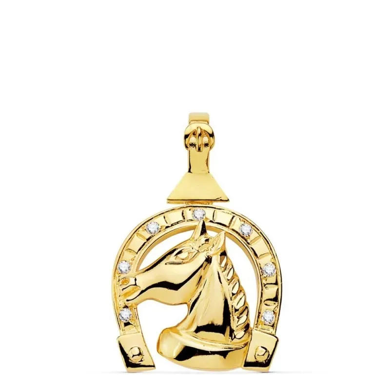 Colgante oro 18k hombre 28 mm. cabeza caballo herradura combinada cir