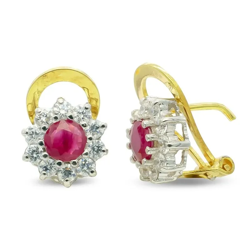 Pendientes oro bicolor mujer rubí centro 5 mm. combinado circonitas o