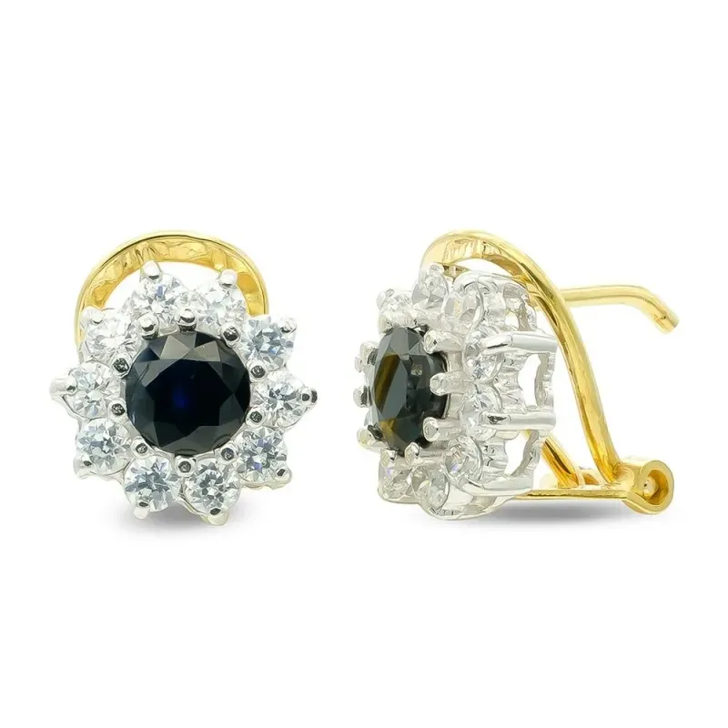 Pendientes oro bicolor muejr zafiro centro 5 mm. combinado circonitas
