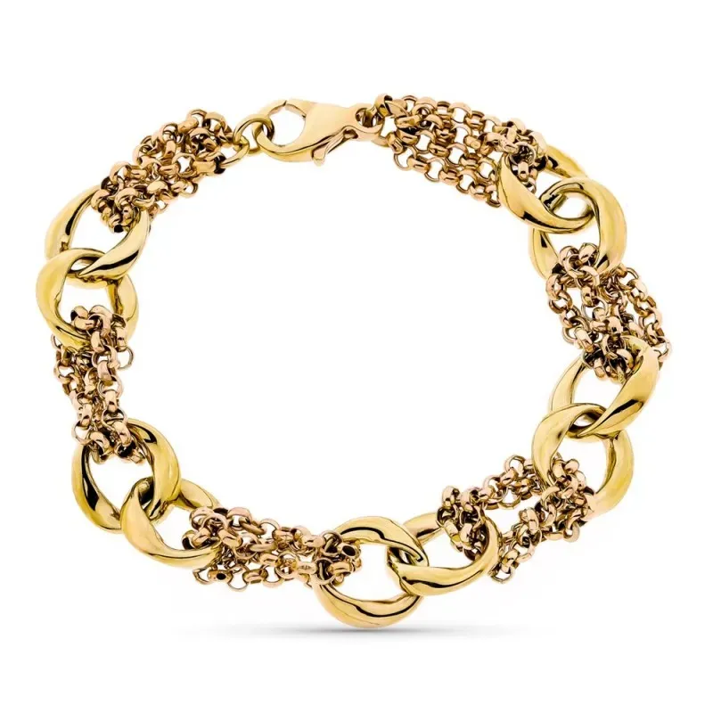 Pulsera oro bicolor 9k mujer 18 cm. eslabones combinados mosquetón