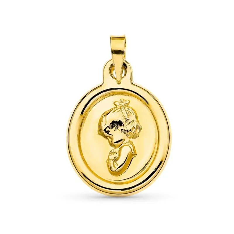Medalla oro 18k niño Virgen Niña 22 mm. borde liso relieve