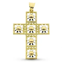 Cruz colgante oro bicolor 18k mujer 45 mm. cuadrados margaritas