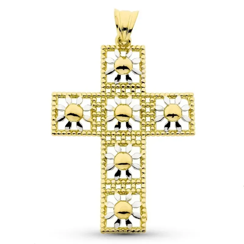 Cruz colgante oro bicolor 18k mujer 45 mm. cuadrados margaritas