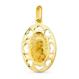 Medalla oro 18k Virgen centro 26 mm. bordes corazones calados
