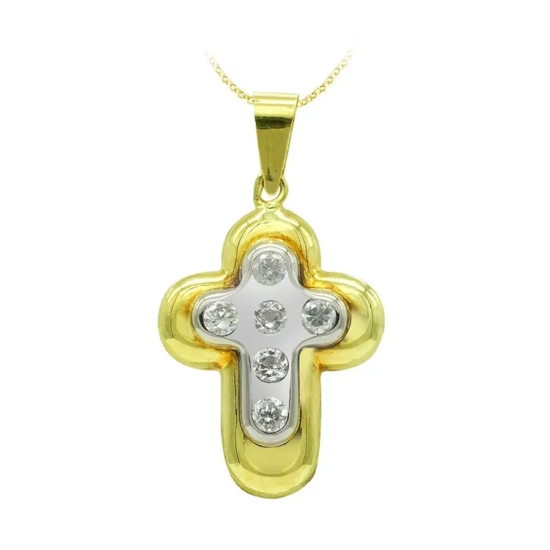 Cruz colgante oro bicolor 18k mujer 22 mm. circonitas combinada lisa
